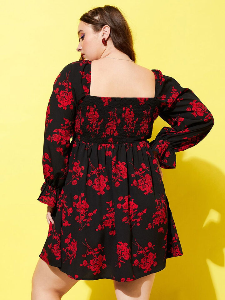 Berrylush Curve Black Floral Printed Smocked Fit & Flare Dress