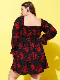 Berrylush Curve Black Floral Printed Smocked Fit & Flare Dress