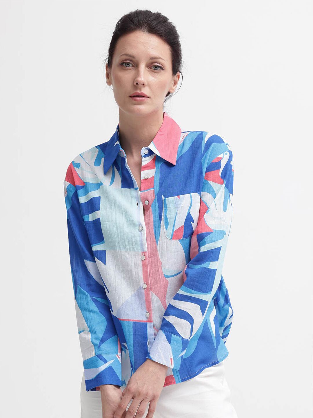 RAREISM Print Mandarin Collar Cotton Top