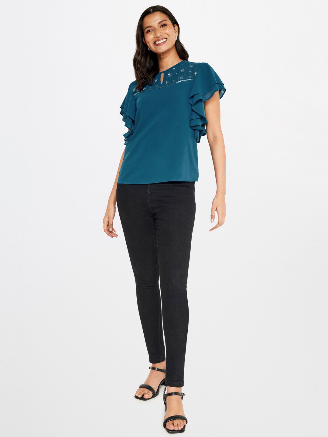 AND Embellished Sequinned Keyhole Neck Flutter Sleeve Top