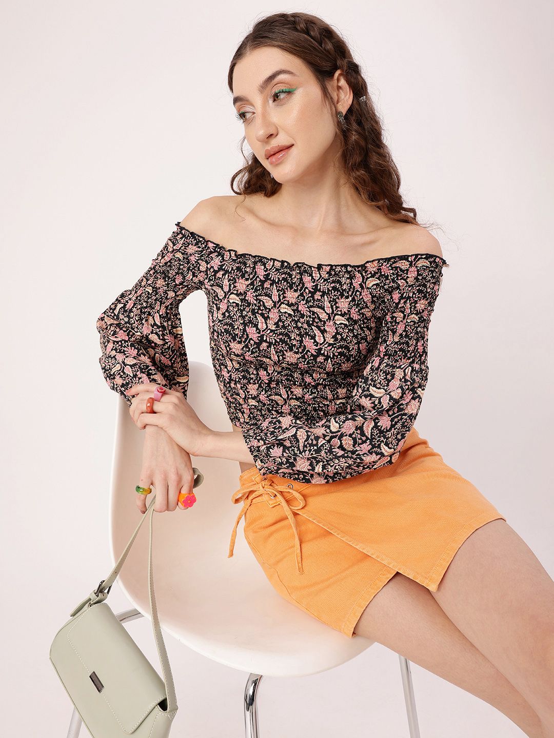 DressBerry Smocked Floral Printed Off-Shoulder Fitted Crop Top