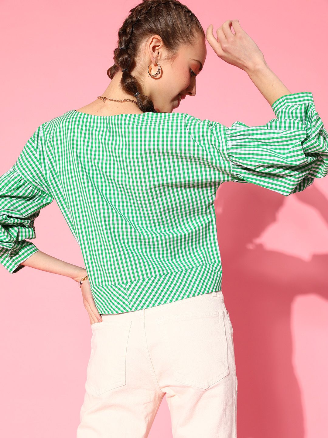 Antheaa Women Gorgeous Green Checked Summer Gingham Top