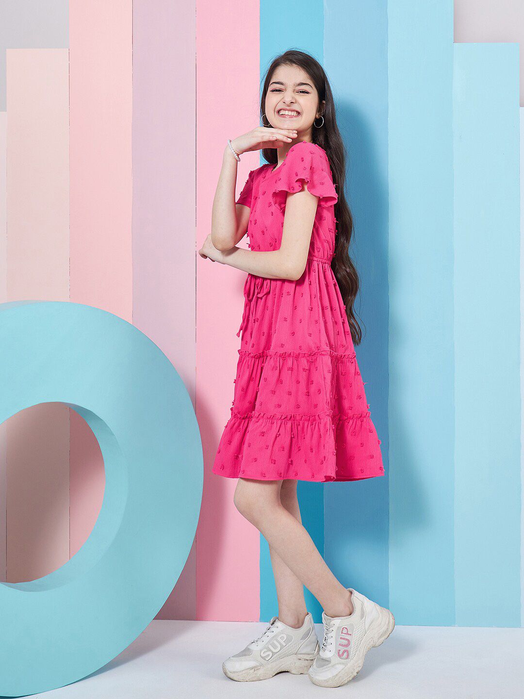 pspeaches Girls Self Design V-Neck Flutter Sleeve Georgette Fit & Flare Dress