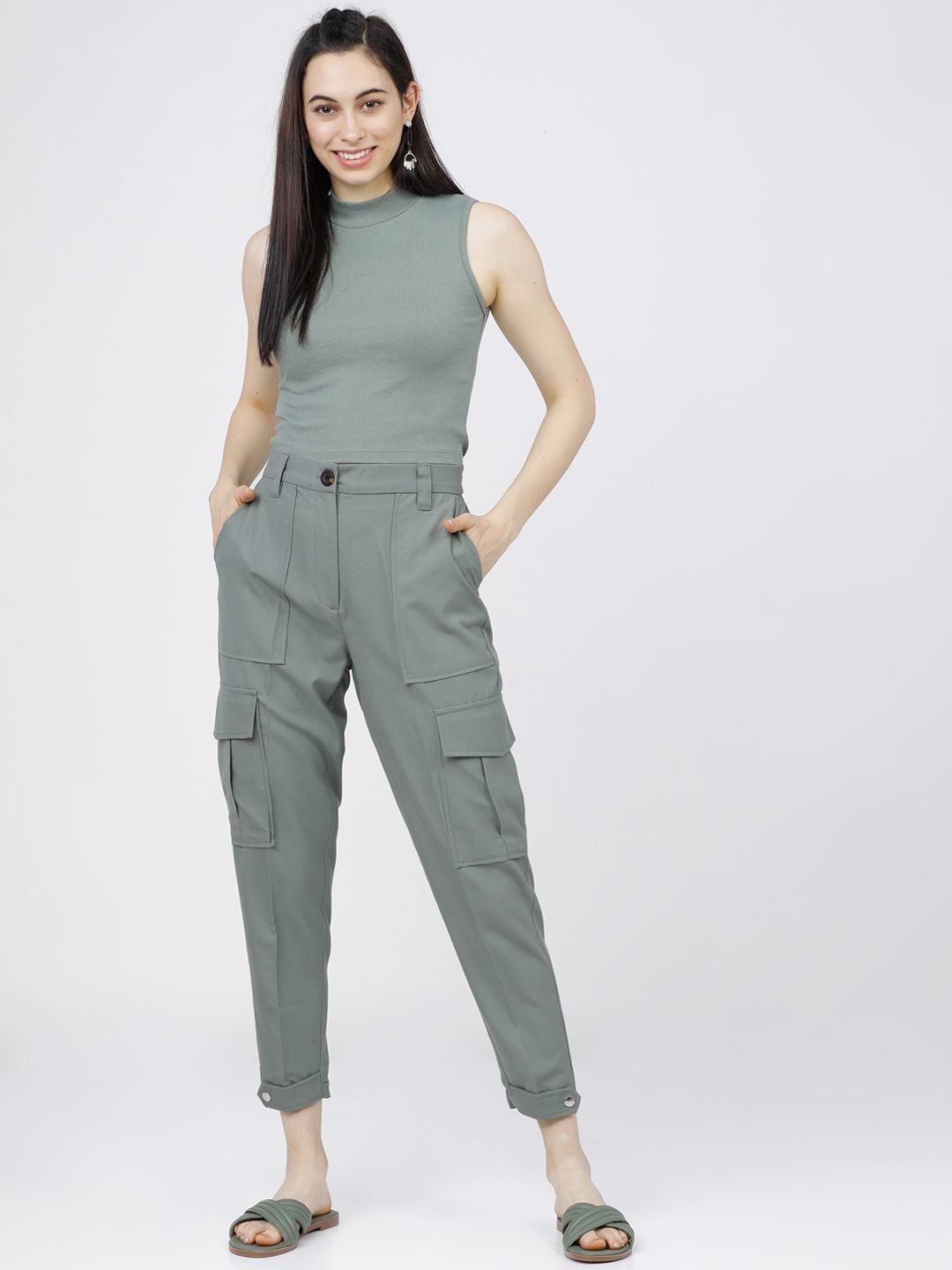 Tokyo Talkies Women Mint Green Tapered Fit Cargos Trousers