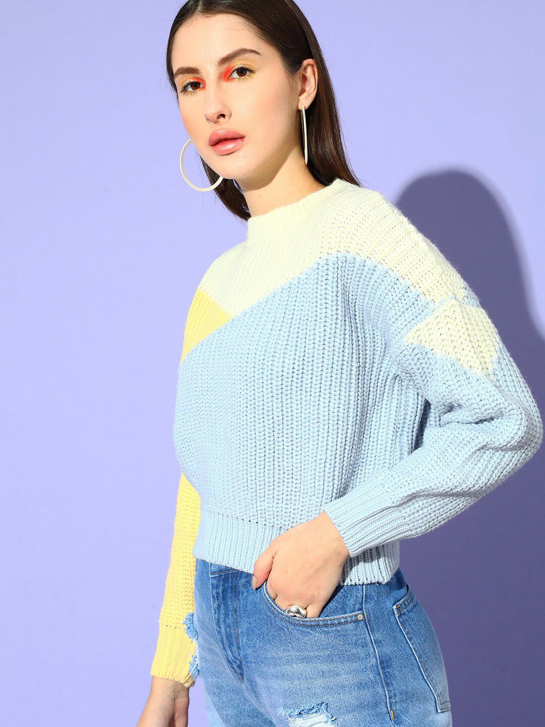 STREET 9 Women Blue & Yellow Colourblocked Pullover