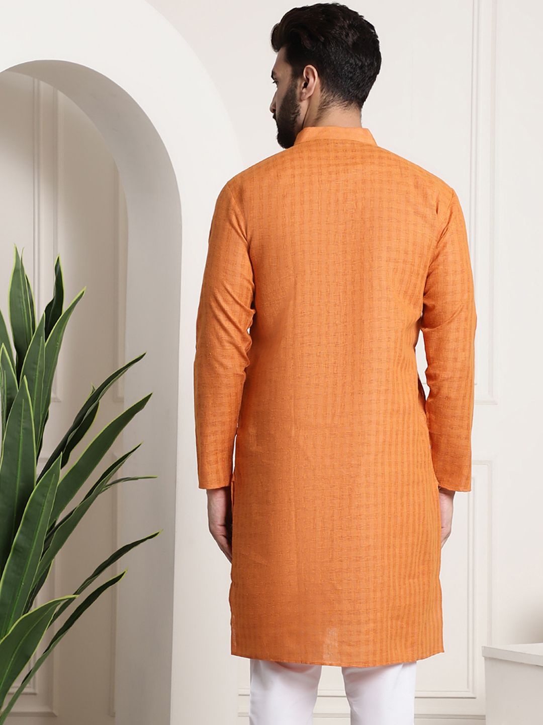 SOJANYA Woven Design Mandarin Collar Cotton Linen Kurta