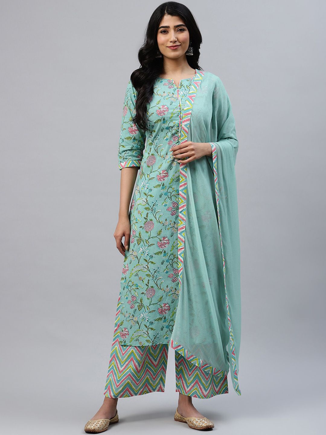 Libas Women Sea Green Floral Printed Kurta with Palazzos & Dupatta