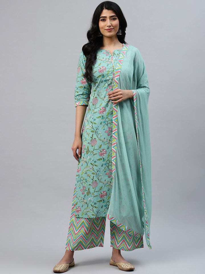 Libas Women Sea Green Floral Printed Kurta with Palazzos & Dupatta