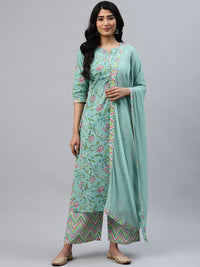 Libas Women Sea Green Floral Printed Kurta with Palazzos & Dupatta
