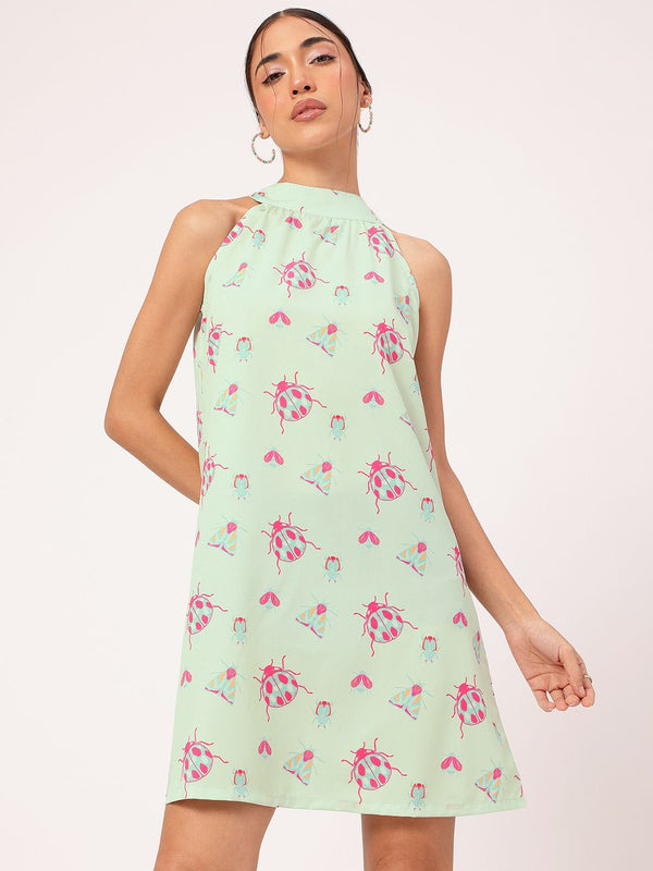 DressBerry Fabulous-Fly Knotty Halter-Neck Bug Printed Mini Dress