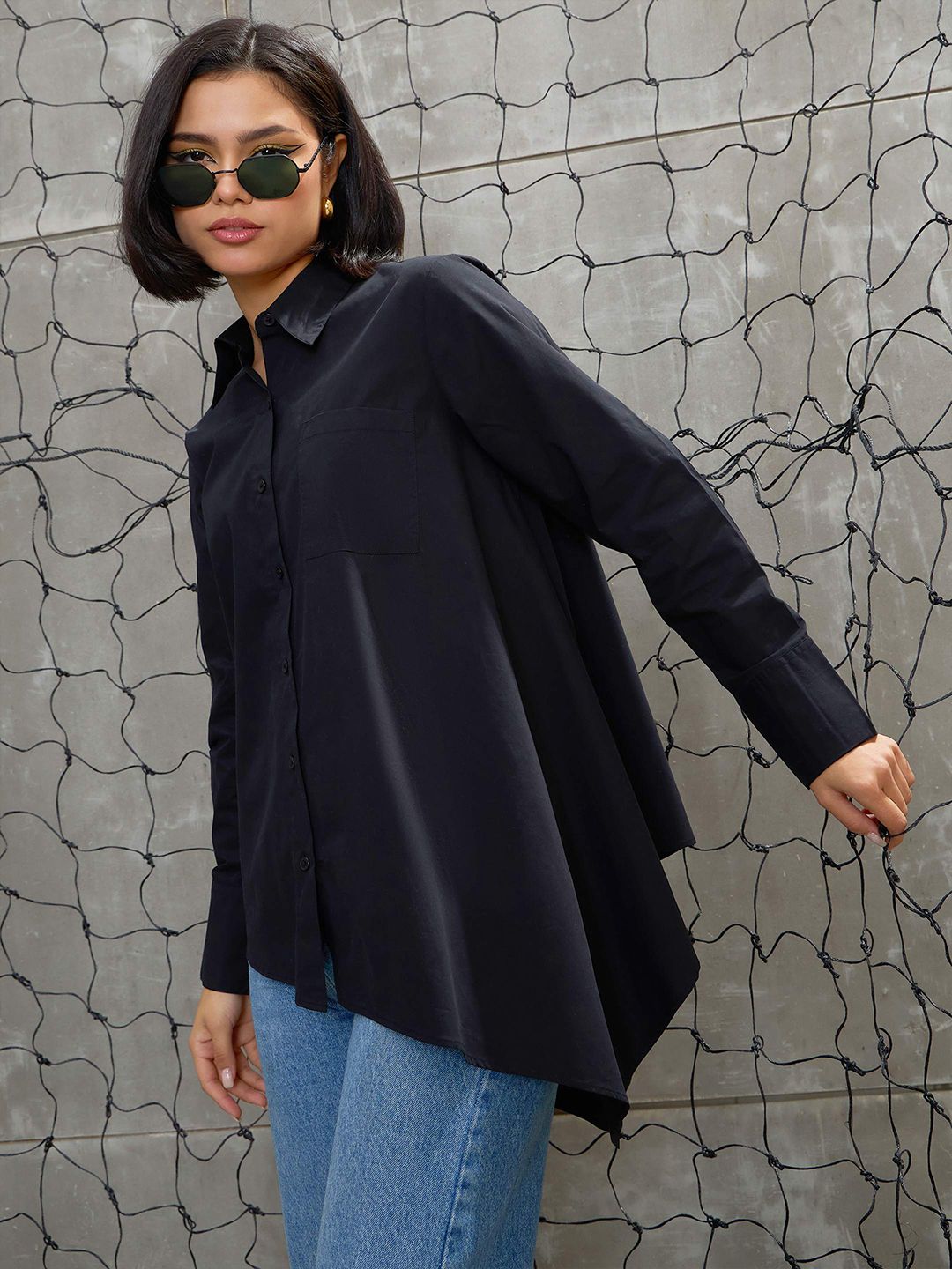 SASSAFRAS Women Relaxed Oversized Fit Spread Collar Solid Cotton Casual Shirt