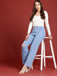 all about you Women Straight Fit High-Rise Slash Knee Stretchable Jeans