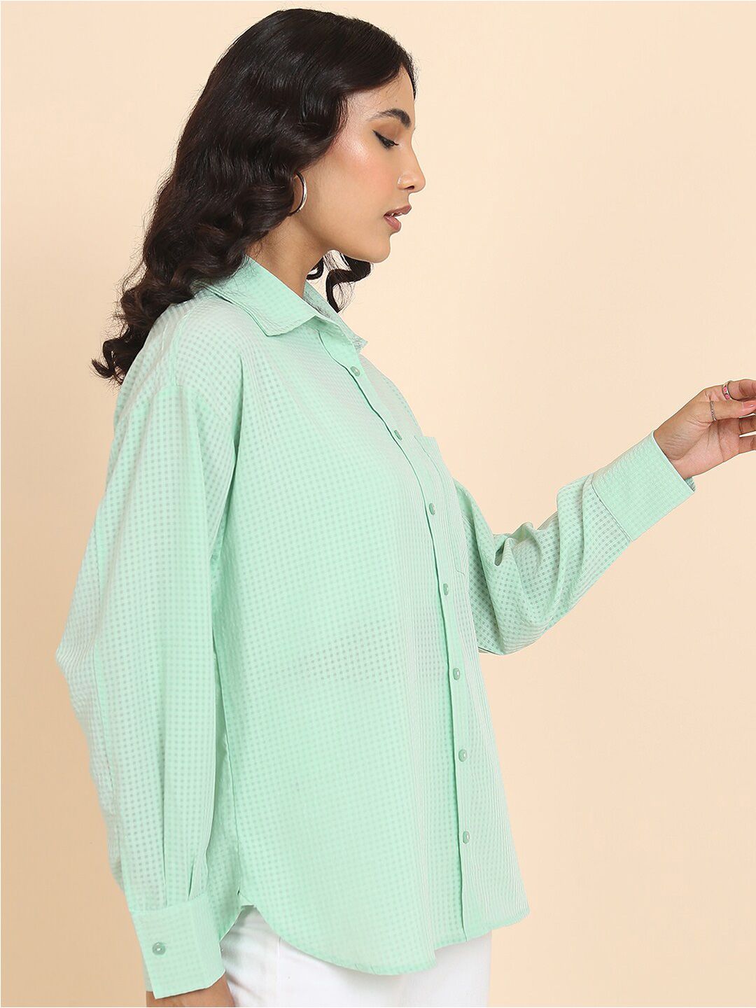 Tokyo Talkies Green Micro Checked Oversized Casual Shirt