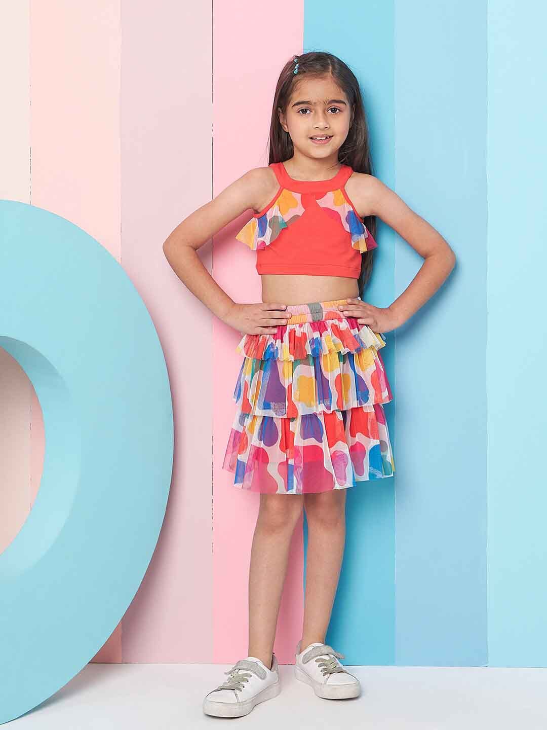 pspeaches Girls Round Neck Ruffled Top with Skirt
