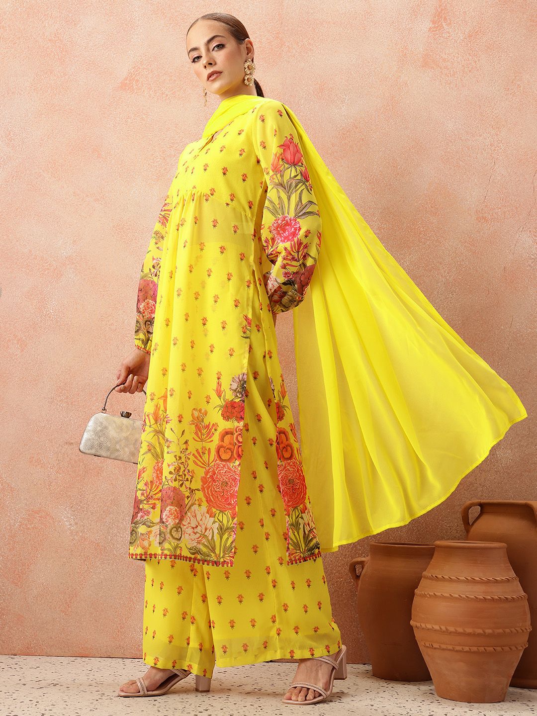 all about you Women Floral Printed Pleated Kurta with Trousers & Dupatta