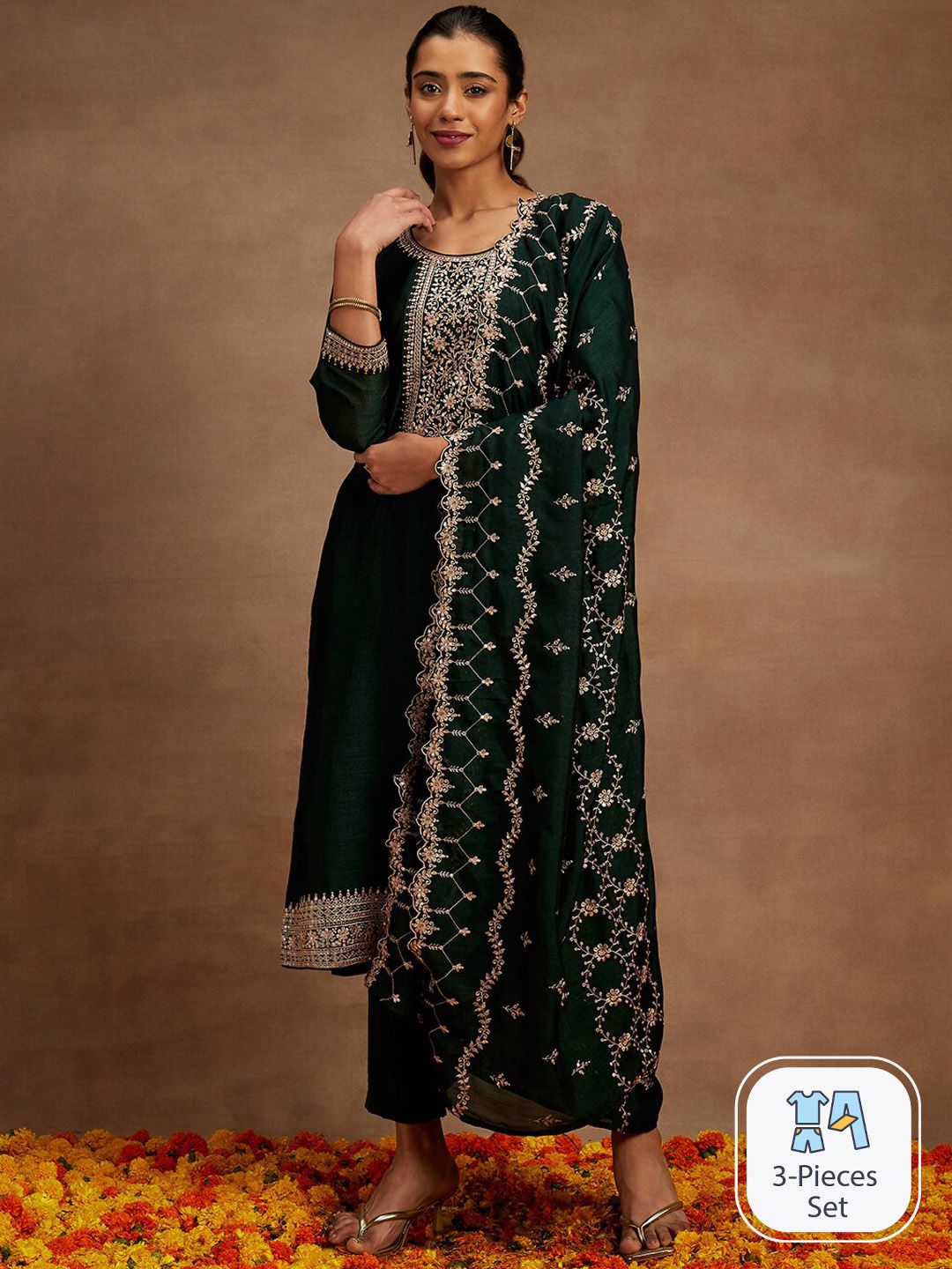 Libas Floral Yoke Design Sequinned Kurta With Trousers & Dupatta