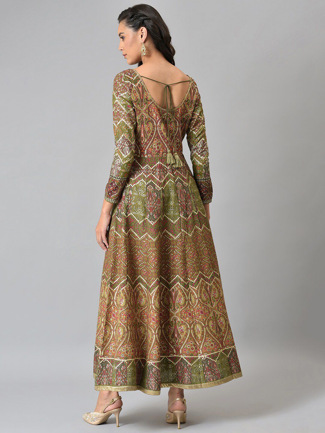 W Red & Green Ethnic Motifs Chiffon Ethnic Maxi Dress