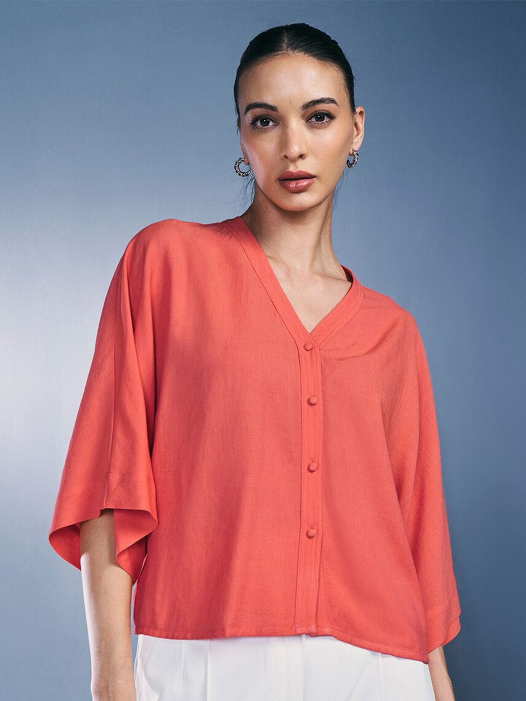 AND V-Neck Kimono Sleeves Shirt Style Top