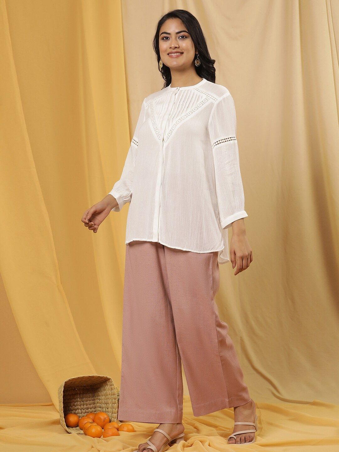 W Band Collar Cuffed Sleeves Shirt Style Top