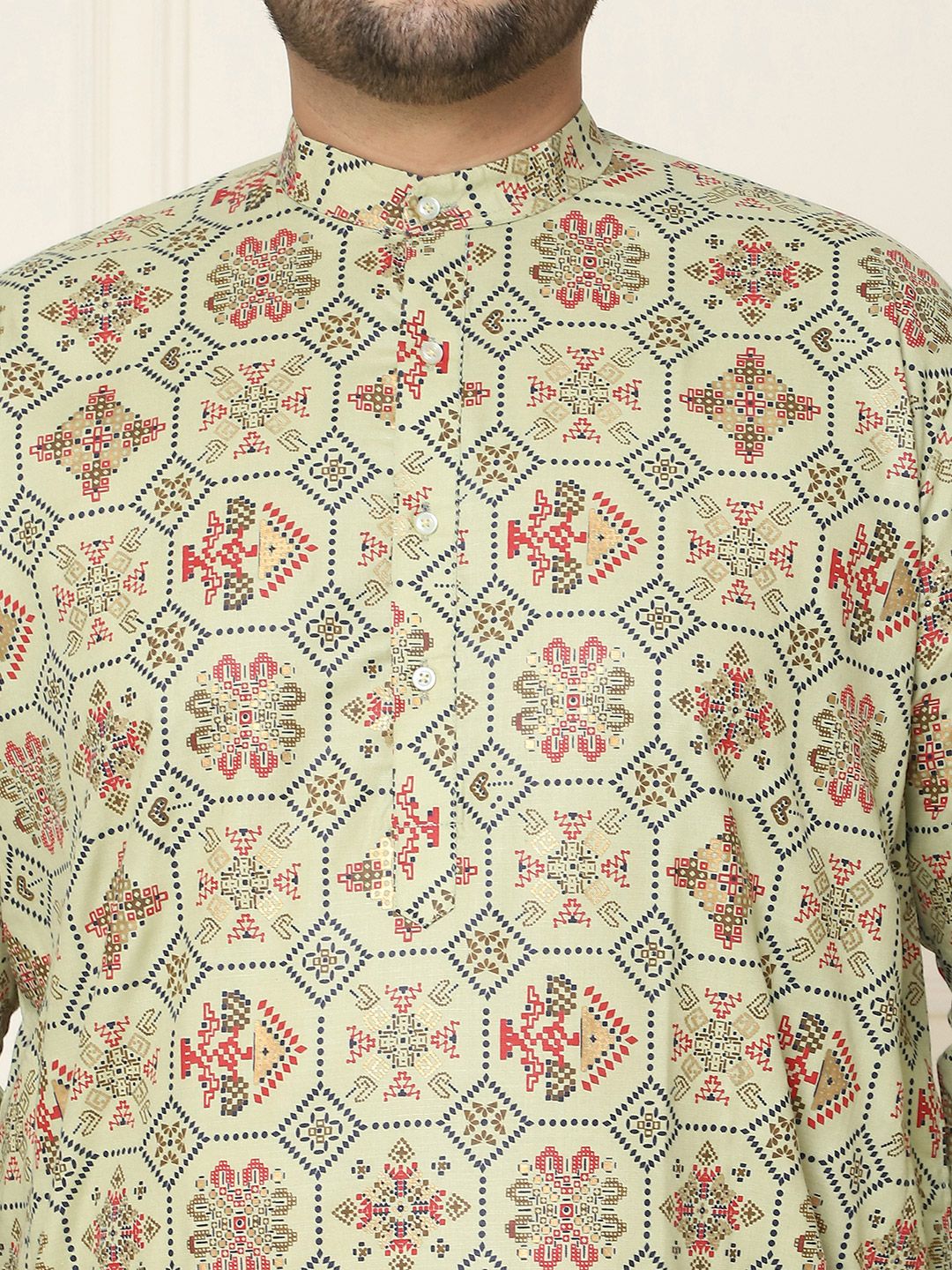 SOJANYA PLUS Ethnic Motifs Printed Band Collar Straight Cotton Linen Kurta