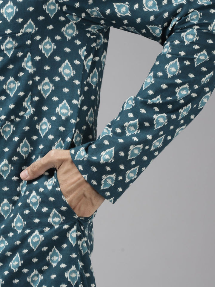 See Designs Men Teal Blue Ethnic Motifs Printed Pure Cotton Kurta with Trousers