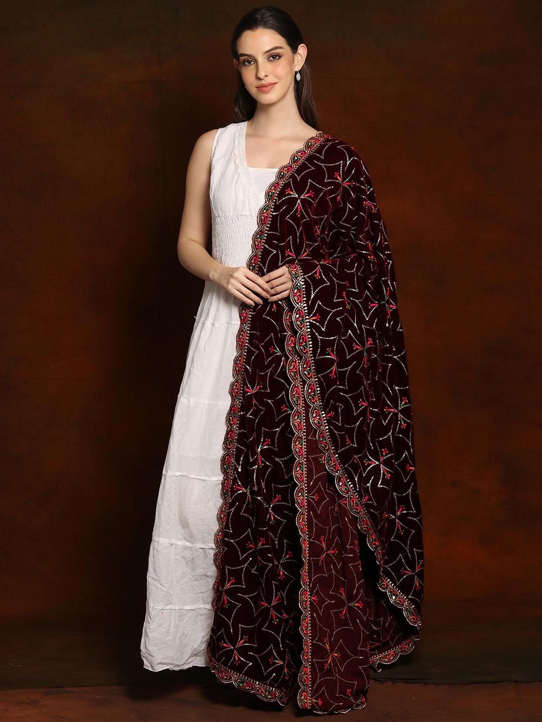 Exotic India Cabernet Velvet Dupatta with Zari and Sequinned Diamond Pattern