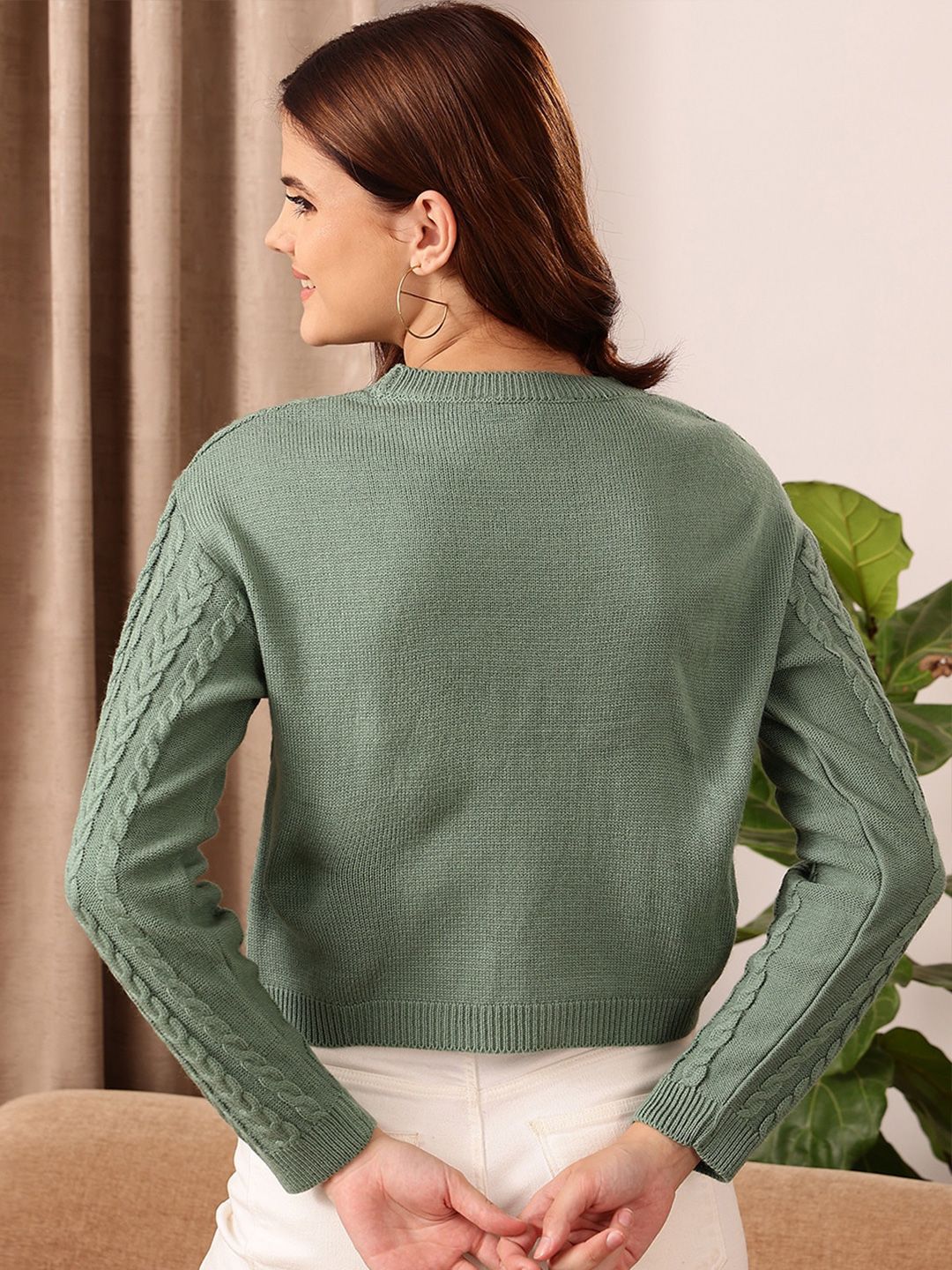 STREET 9 Green Cable Knit Self Design Acrylic Pullover Sweater