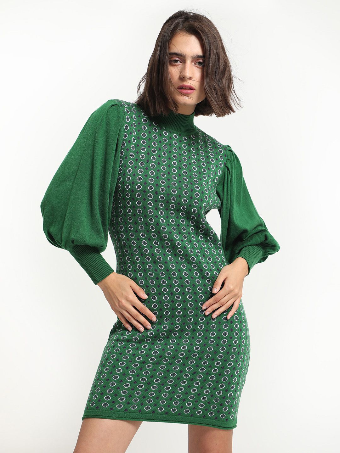 RAREISM Geometric Self Design Acrylic High Neck Sheath Winter Dresses