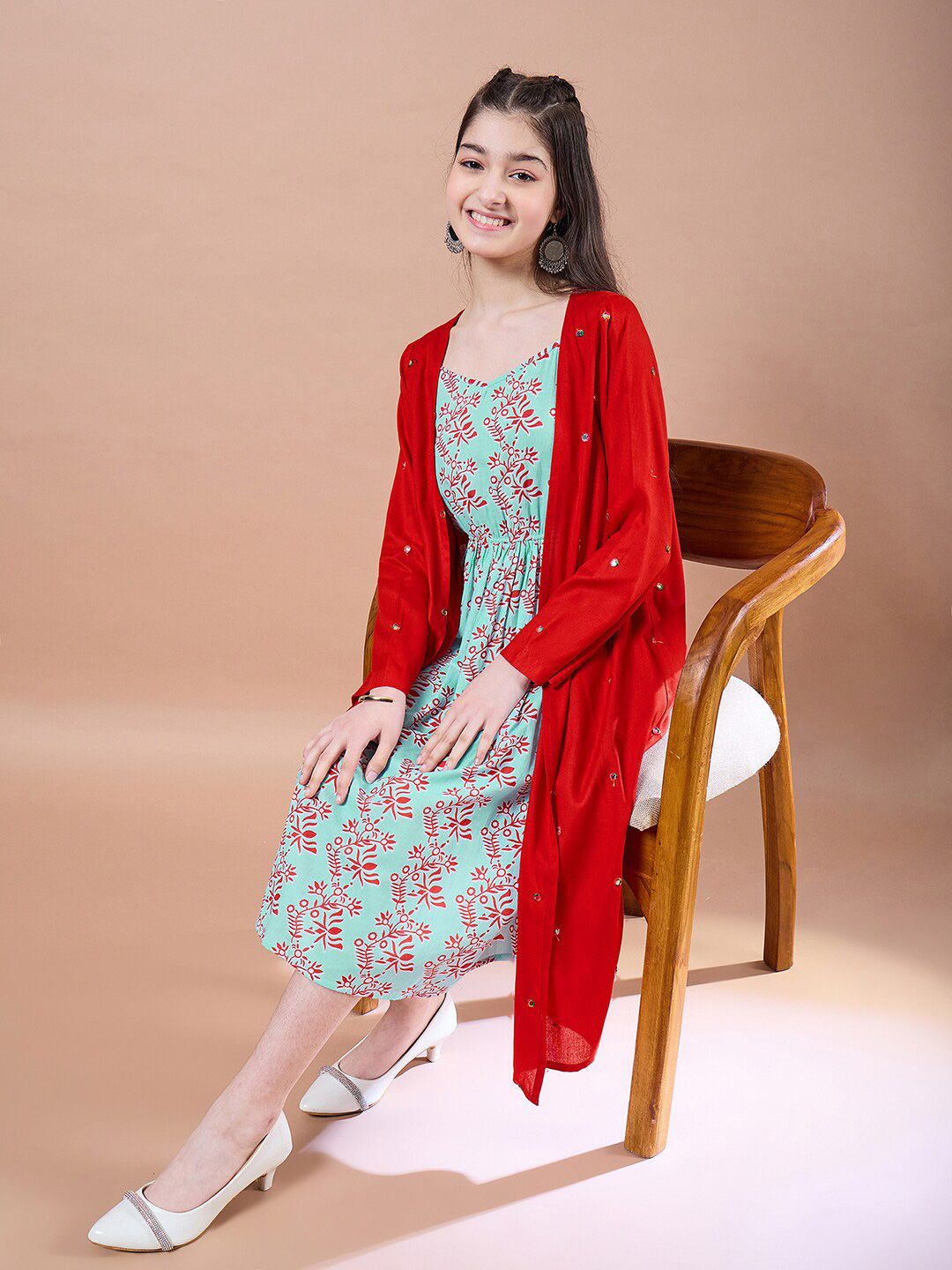 pspeaches Girls Ethnic Motifs Print Cotton Round Neck A-Line Midi Dress With Shrug