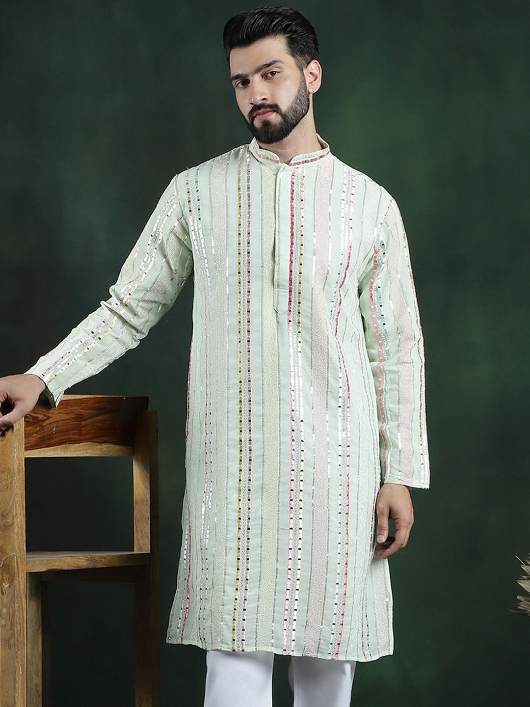 SOJANYA LUXE Striped Thread Work Georgette Straight Kurta