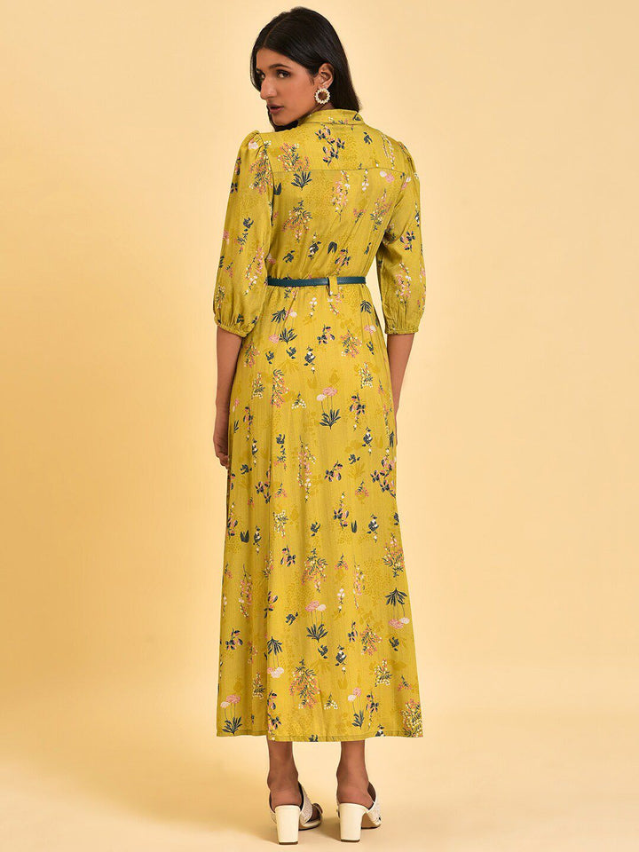 W Green Floral Printed Shirt Collar Neck Belted A-Line Midi Dress