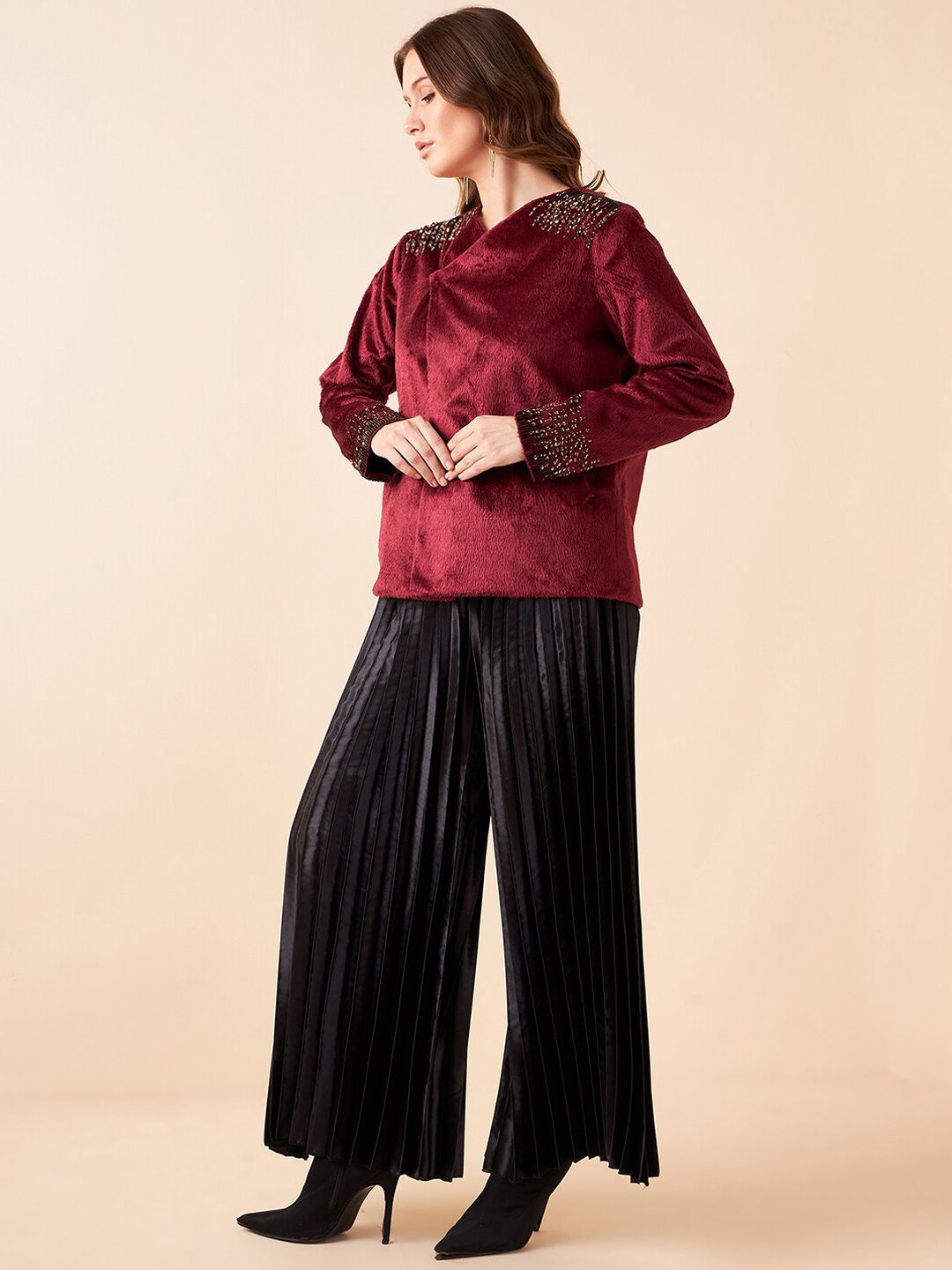 Antheaa Embellished Jacket With Pleated Palazzos
