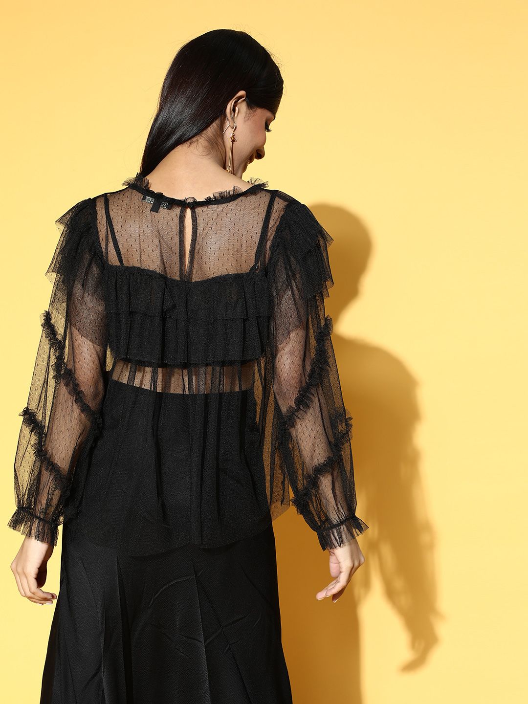 Antheaa Women Stylish Black Solid Sheer Top