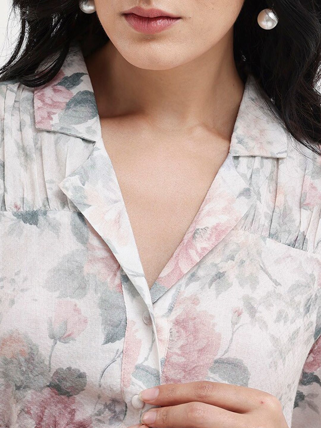Rareism Floral Printed Cuba Collar Bell Cotton Top Cotton