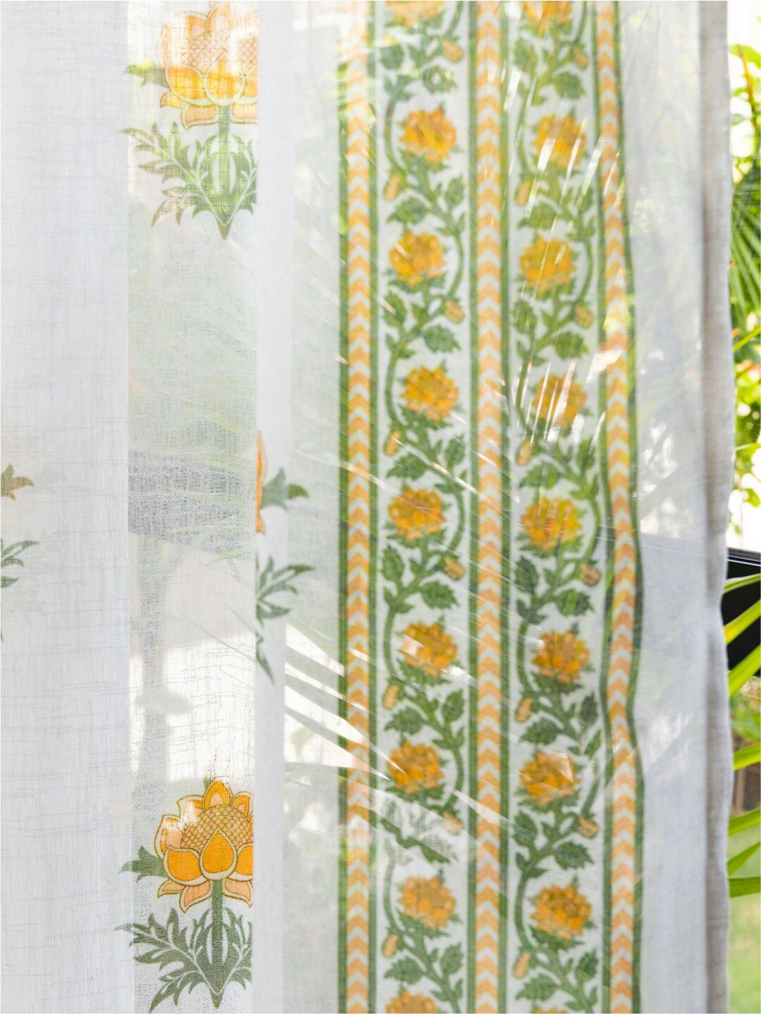 URBAN SPACE White & Yellow 2 Pieces Floral Sheer Window Curtains
