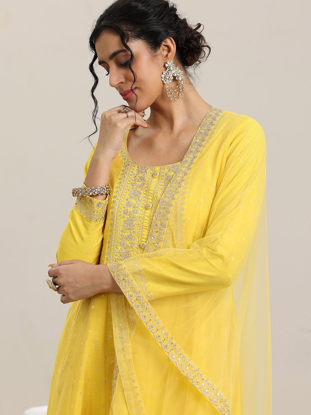 Libas Embroidered Panelled Chanderi Silk A-Line Kurta with Trouser & Dupatta