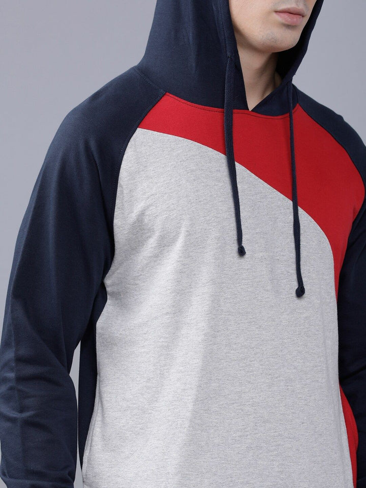 The Indian Garage Co Men Navy Blue & White Colourblocked Hooded Sweatshirt