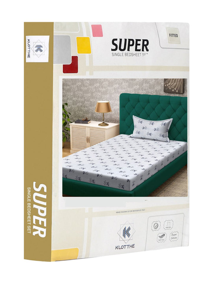 KLOTTHE White & Grey Floral Printed 300 TC Fitted Single Bedsheet With 1 Pillow Cover