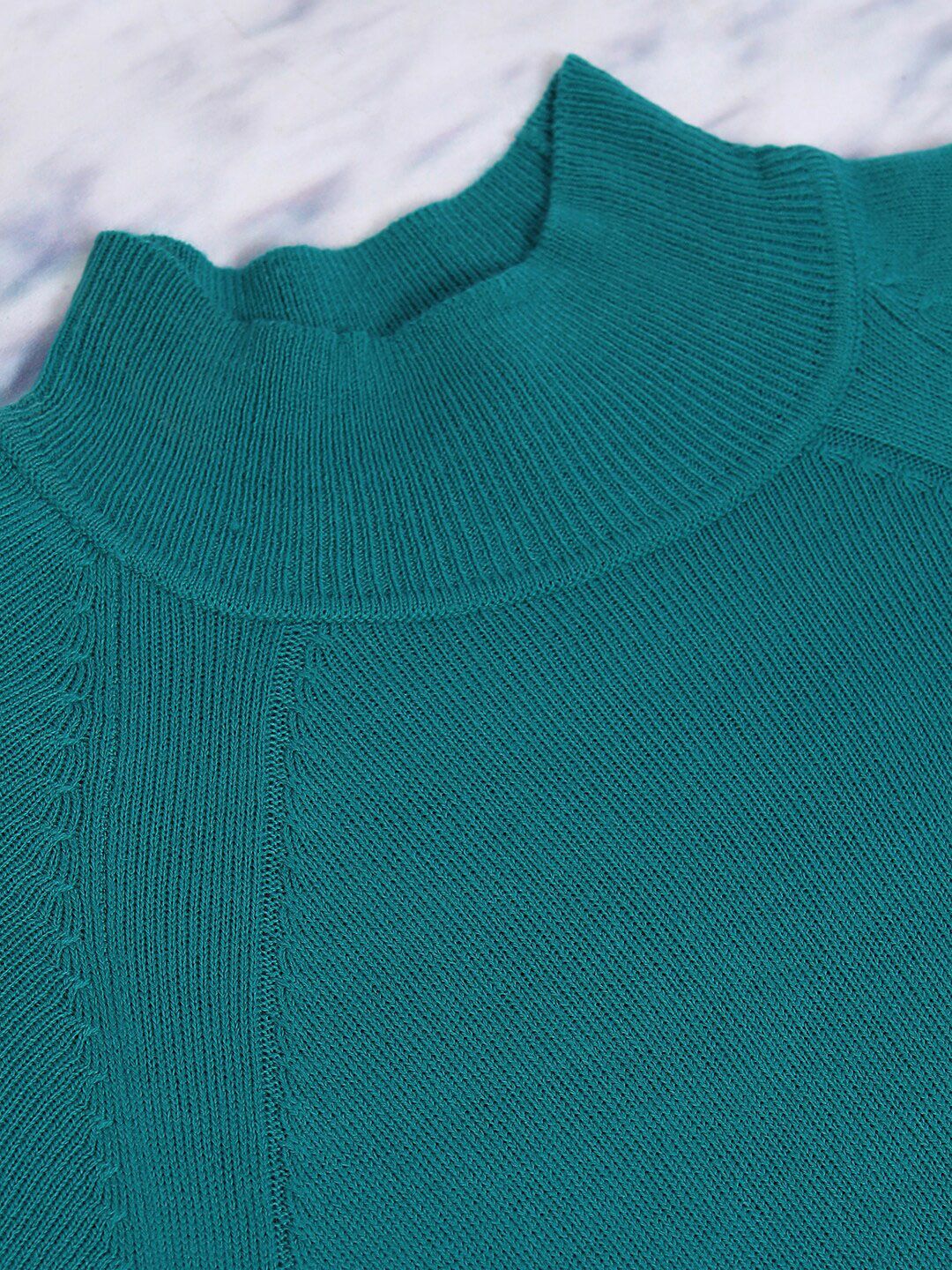 Tokyo Talkies Teal High Neck Raglan Sleeves Longline Acrylic Pullover