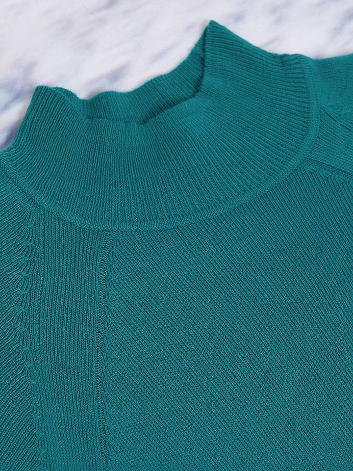Tokyo Talkies Teal High Neck Raglan Sleeves Longline Acrylic Pullover