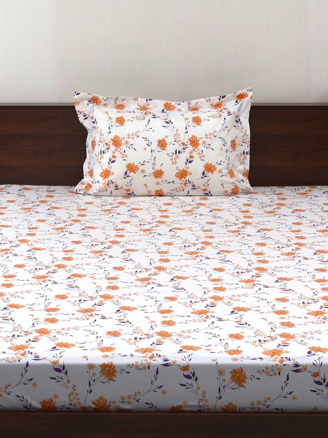 BOMBAY DYEING Vintage Mustard Printed Pure Cotton 180 TC  Bedsheet Set 1.52 m X 2.28 m