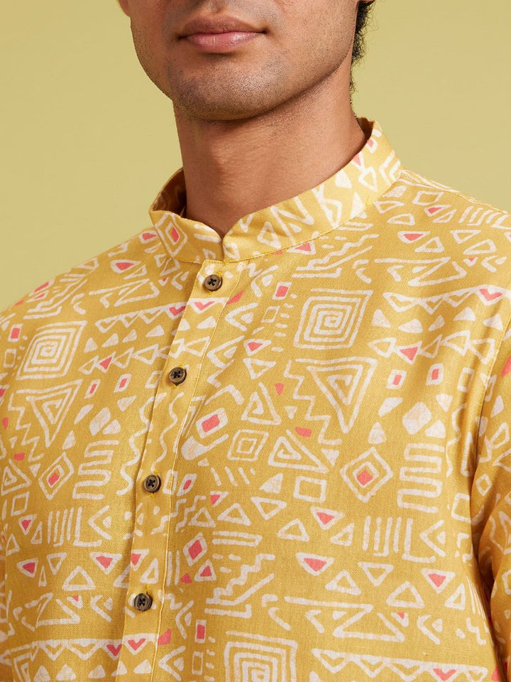 Diwas by Manyavar Geometric Printed Cotton Mandarin Collar Straight Kurta