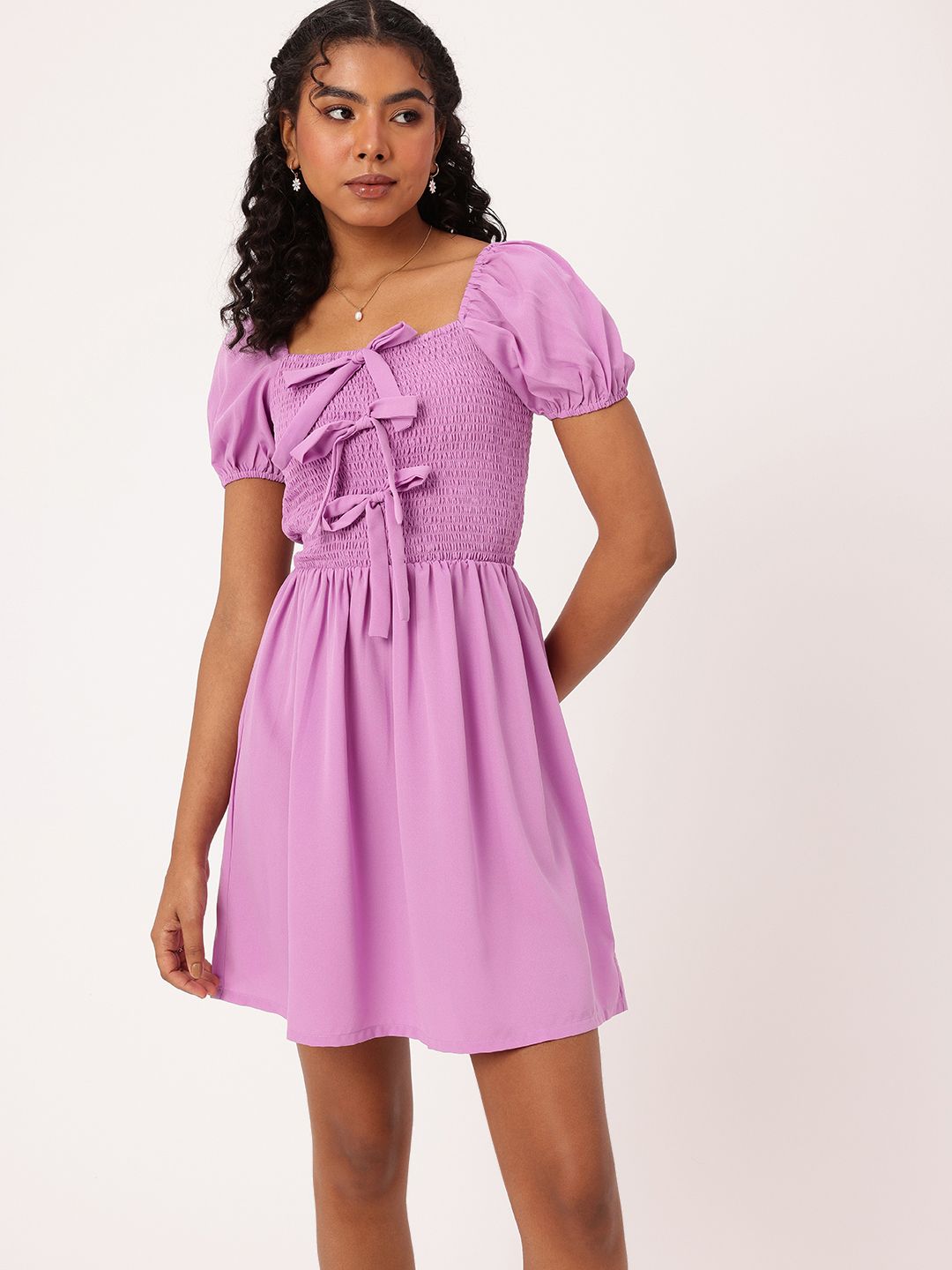 DressBerry Breathe Basics Bowed & Smocked A-Line Mini Dress