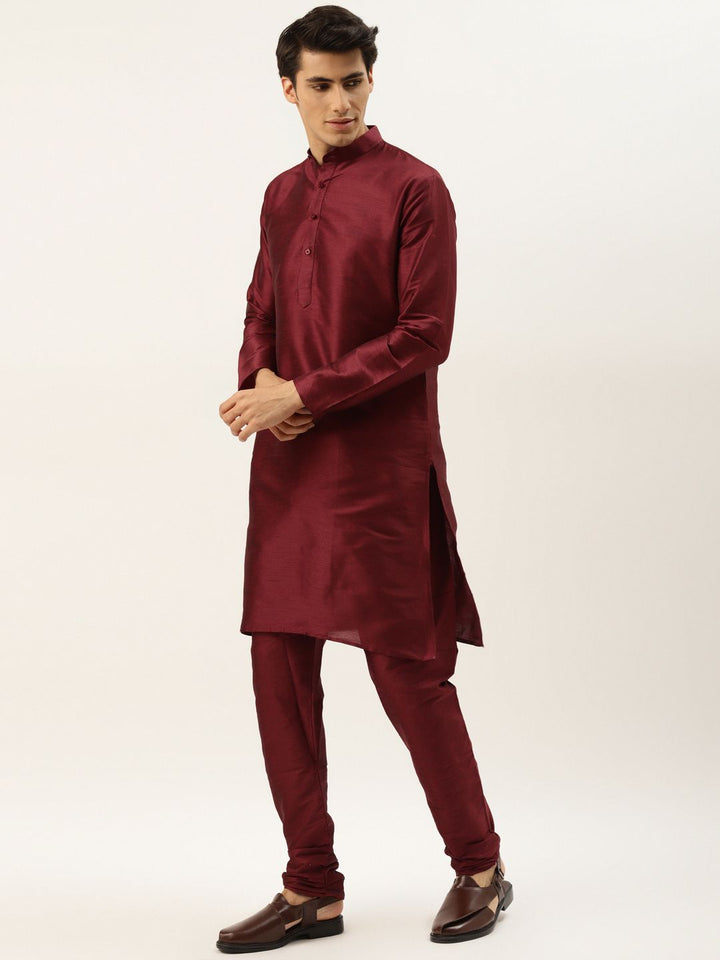 SOJANYA Men Maroon & Pink Kurta with Churidar And Nehru Jacket