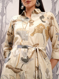 Vishudh Beige & Grey Floral Printed Roll-Up Sleeves Cotton Shirt Midi Dress