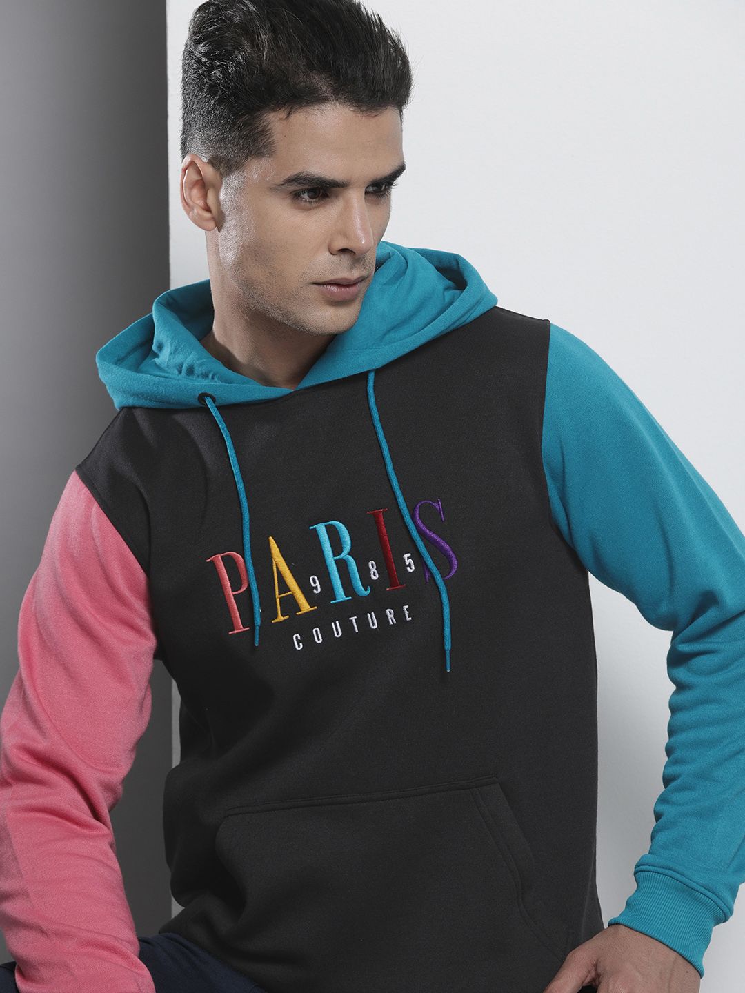 The Indian Garage Co Men Black Embroidered Hooded Sweatshirt