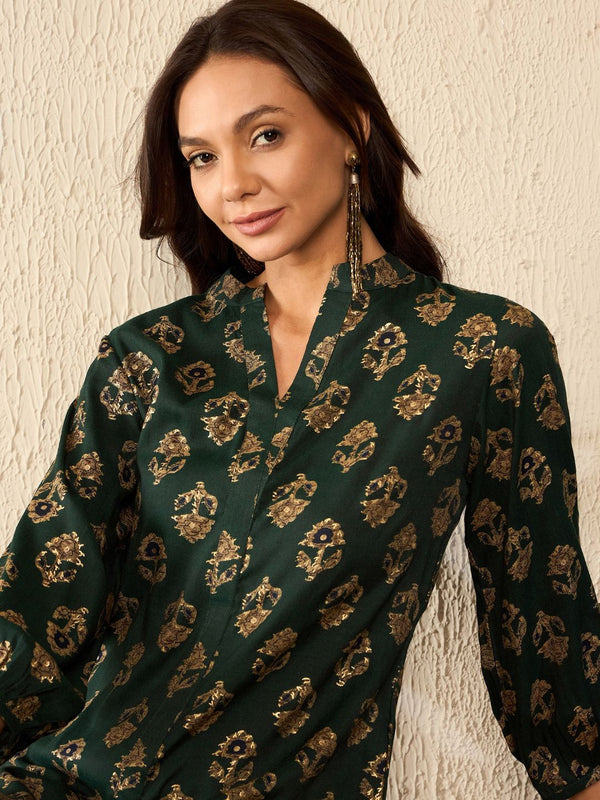 Kalini Wanita Etnik Bercetak Mandarin Collar Biasa