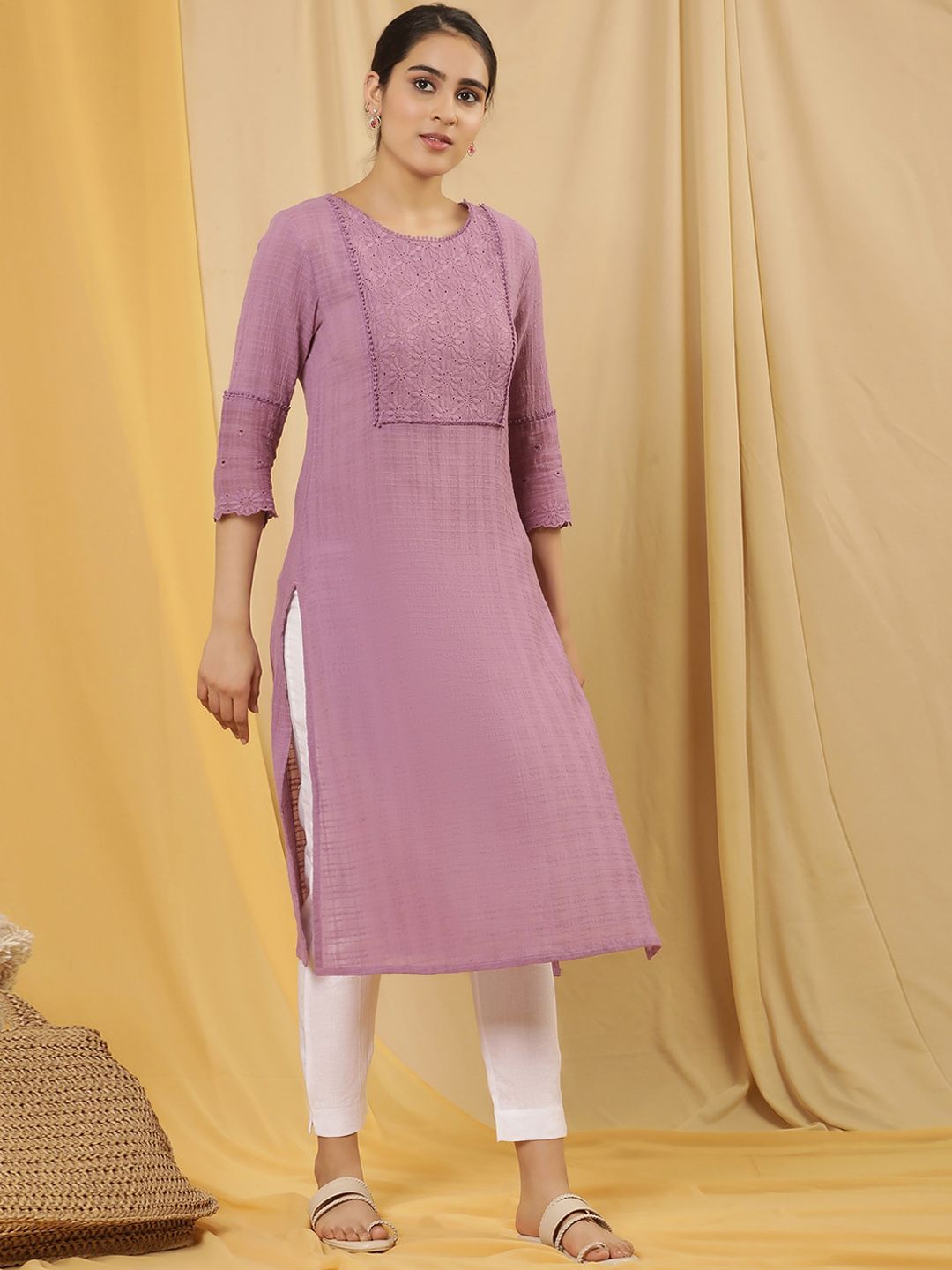 W Purple Floral Yoke Design Thread Work Pure Cotton Straight Kurta