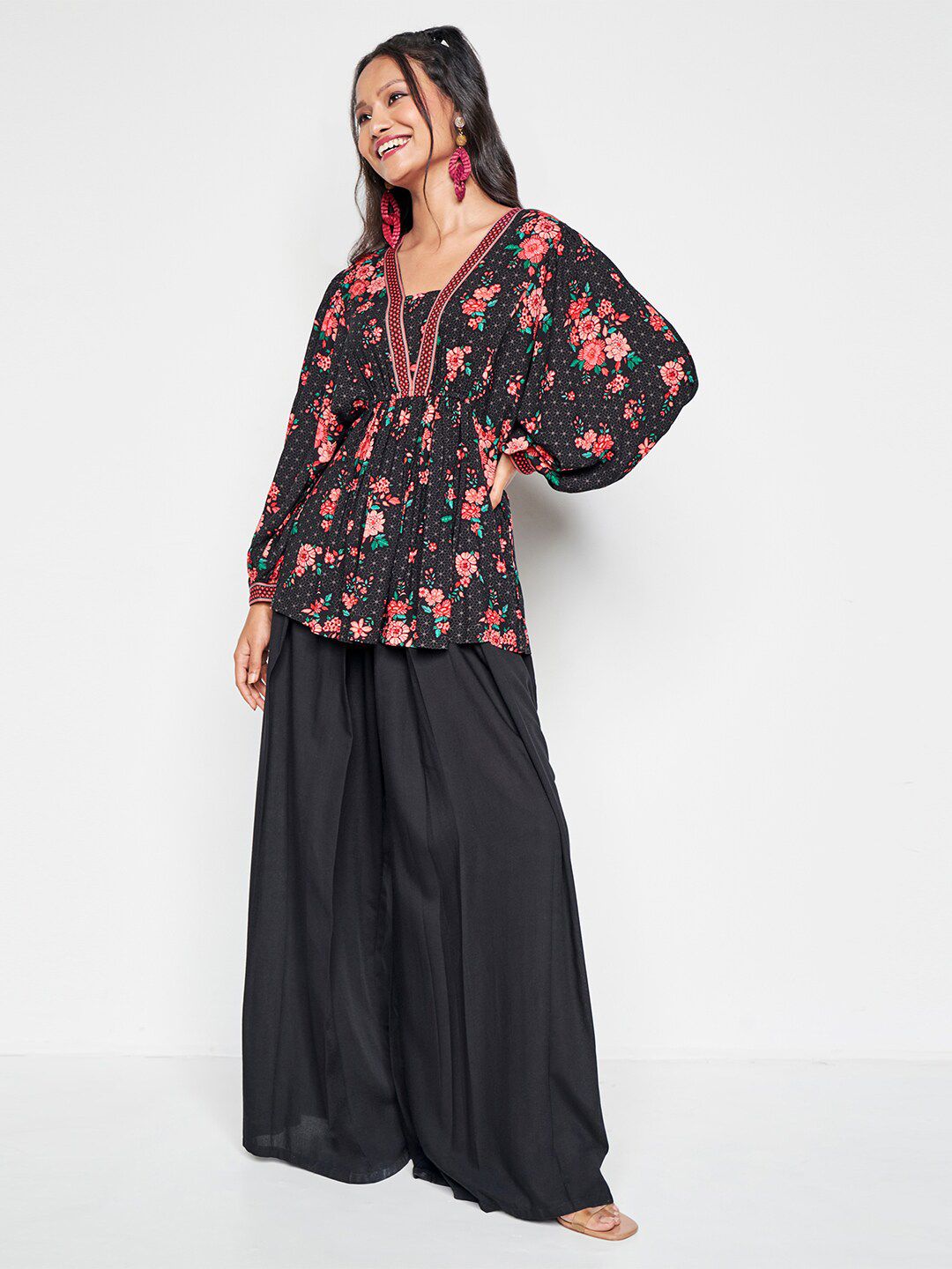 Global Desi Floral Printed Extended Sleeves Top