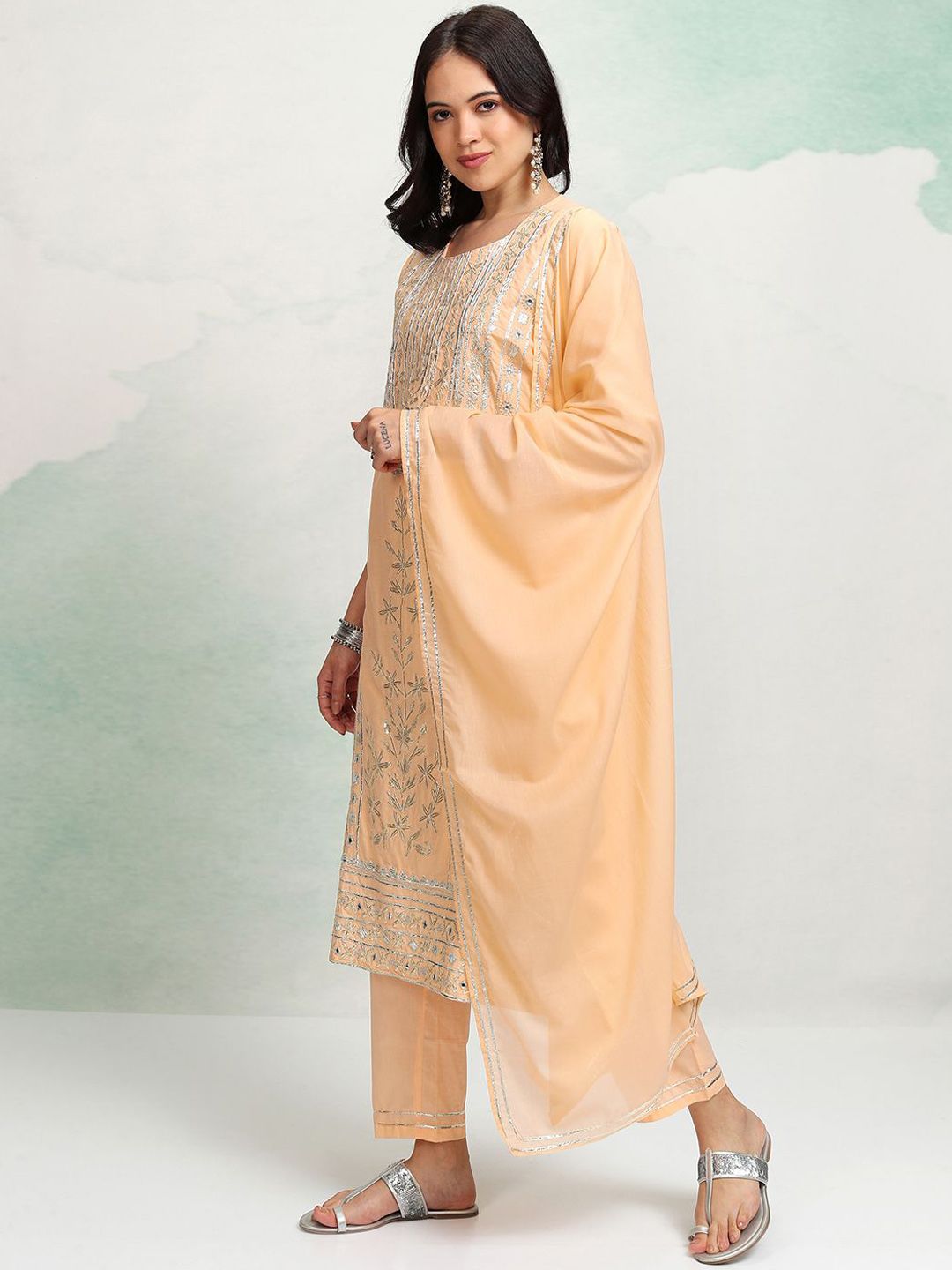 Vishudh Peach Coloured Embroidered Pure Cotton Straight Kurta with Trousers & With Dupatta